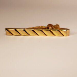 Vintage Diagonal Ridged Men's Tie Clip Bar Alligator Classic Gold Tone